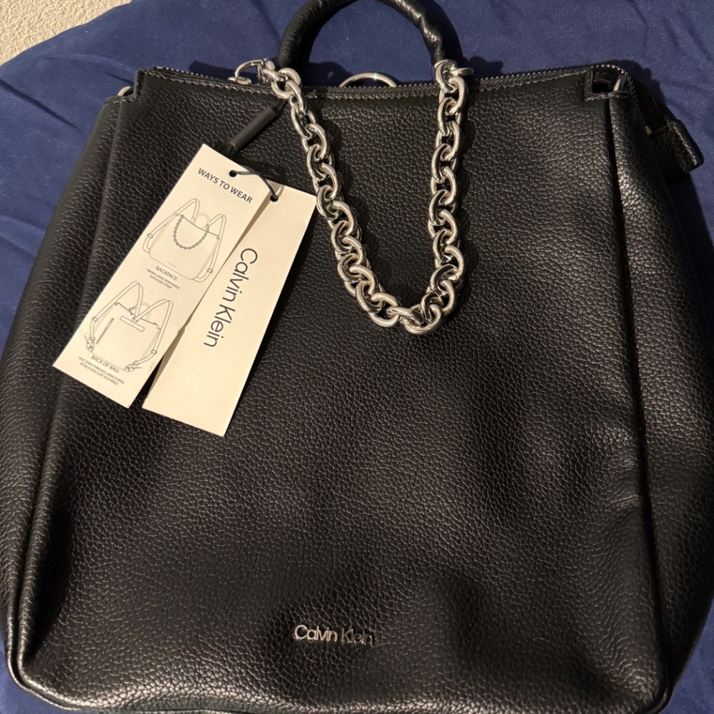 Calvin Klein Leather Chain Convertible Backpack Handbag NWT - Picture 2 of 7